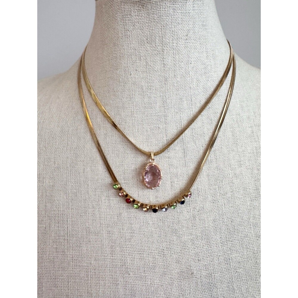 Gold Plated Layering Necklace Set Gem Tone Rhinestones Mogul Stainless Steel